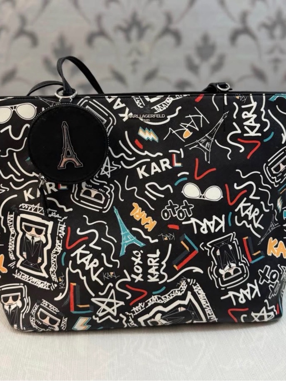 Karl Lagerfeld Black Round Logo Charm Tote with Multicolor Graffiti Print